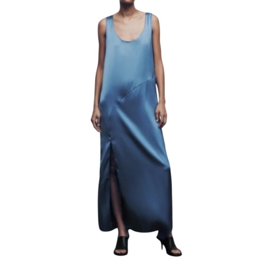 Zara Blue Long Satin Effect Maxi Dress Small
